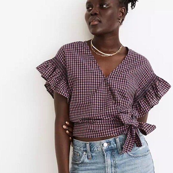 Madewell Tops - Madewell Flutter Sleeve Side Tie Wrap Top Plaid Size XS Ruffle V-neck Burgundy